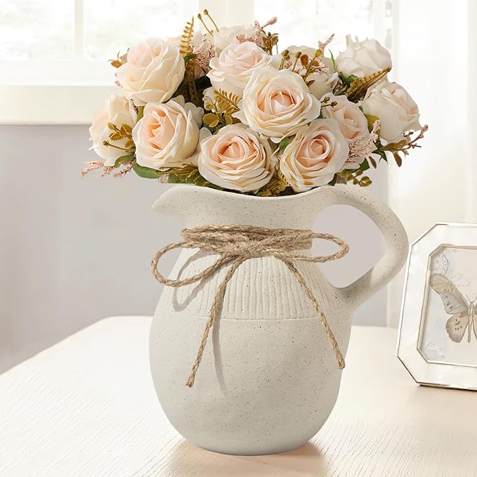 Farmhouse Ceramic Vase with Handle, Rustic Ceramic Pitcher Vases for Home Decor, Decorative Pottery Jug Flower Vase, Centerpiece for Your Kitchen/Bedroom/Office/Living Room/Shelf/Mantel