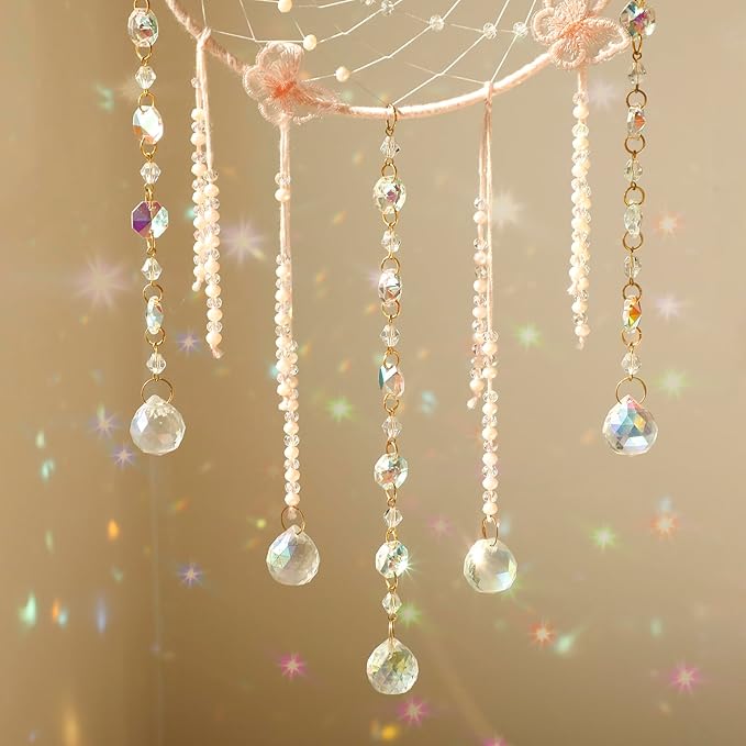 Artilady Butterfly Dream Catchers with Crystals - Large Boho Pink Moon Dream Catcher Wall Decor Home Decorations Girls Kids Baby Bedroom Room Decor Christmas Birthday Teen Girl Boys Gifts