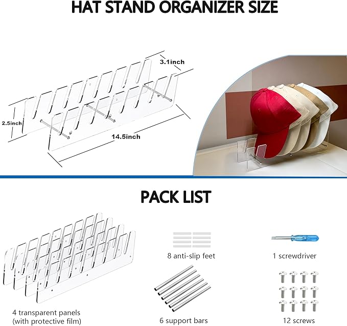 Hat Stand Organizer for Baseball Caps, Acrylic Hat Holder & Rack, 5PCS Clear Stand for 40 Caps, Ideal for Bedroom, Closet, Dresser, Office and Entrance (5)