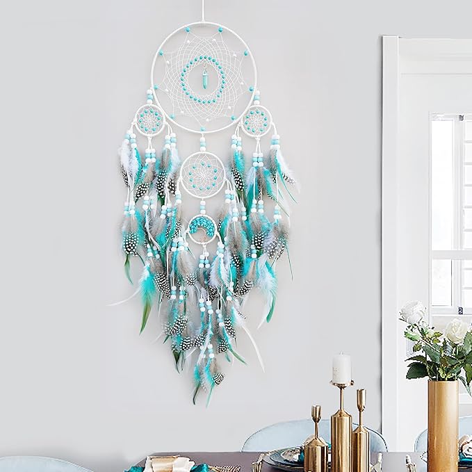 Large Dream Catchers,Boho Handmade Woven Turquoise Dream Catcher Wall Hanging Ornament for Bedroom Living Room Apartment Wedding Party Decor, Festival Blessing Gift (White+Turquoise)