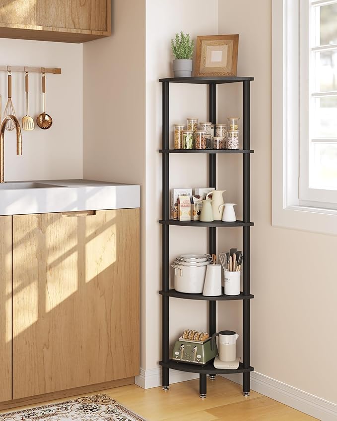 IBUYKE 5 Tier Corner Shelf Stand,Industrial Corner Display Rack,Corner Bookshelf for Living Room, Bedroom, Kitchen, Home Office, Black WBC010B