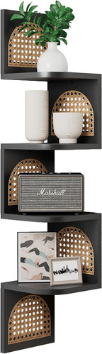4-Tier Corner Shelves - Zig Zag Rattan Wall Shelf, Black Corner Shelf Wall Mounted, Floating Shelves for Bedroom, Bathroom & Living Room