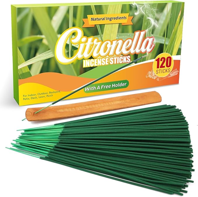 FIRIK Citronella Incense Sticks Outdoor, 120 PCS Lemongrass Incense Sticks with Wooden Holder for Home Pool Side Garden, Patio, Camping Trips, Porches, Courtyards, Farm, Backyard
