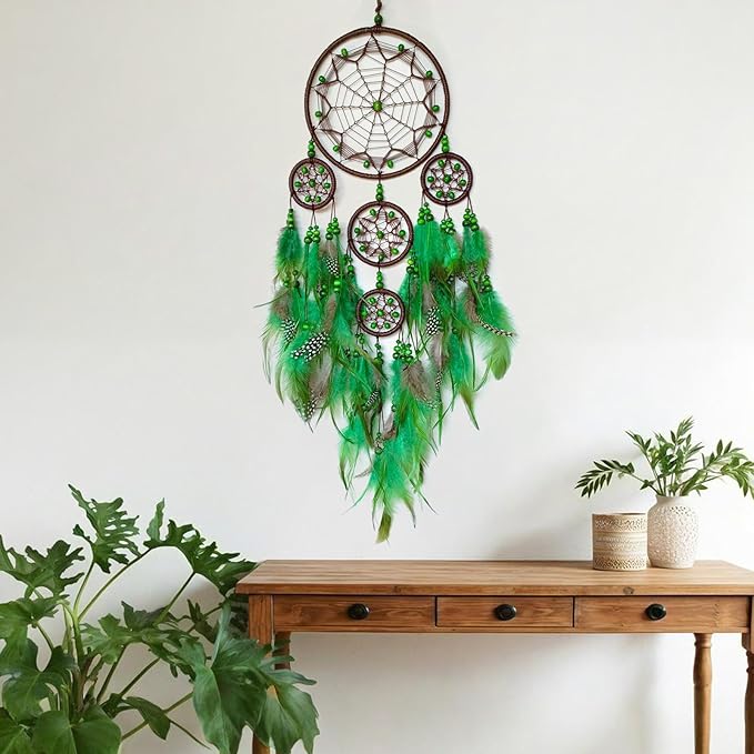 Large Dream Catcher Wall Decor Green Dream Catchers with Wooden Bead Handmade Feather Dreamcatcher Wall Hanging Ornament for Bedroom Living Room Home Decor