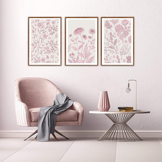 KAIRNE Floral Wall Art Set of 3,Framed Vintage Botanical Flower Canvas Prints,Pink and White Minimalist Wildflower Artwork,Modern Farmhouse Boho Decor for Living Room Bedroom Office Kitchen,16X24 inch