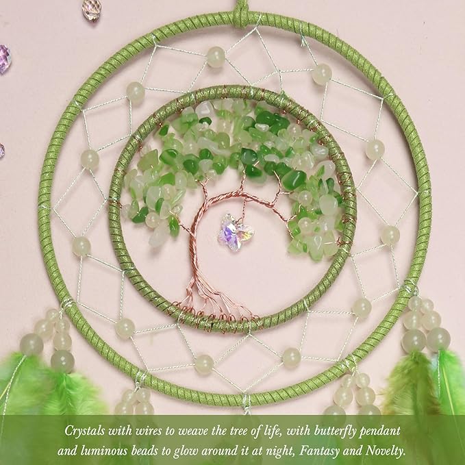 Pretty Jolly Green Tree of Life Dream Catcher Wall Decor with Luminous Beads Handmade Crystal Stones Dreamcatchers Wall Hanging with Small Butterfly Pendant for Bedroom Wedding Party Wish Gift