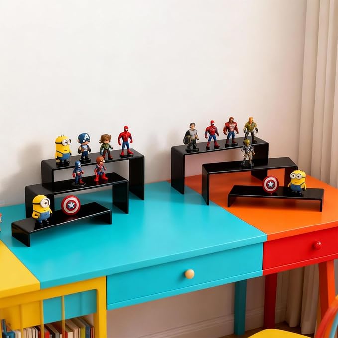 6 PCs Risers Display Stands 3 Tiers Desktop Acrylic Shelves Cake Dessert Holder Products Stand for Collectibles Shoes Jewels Pop Figure （Black）