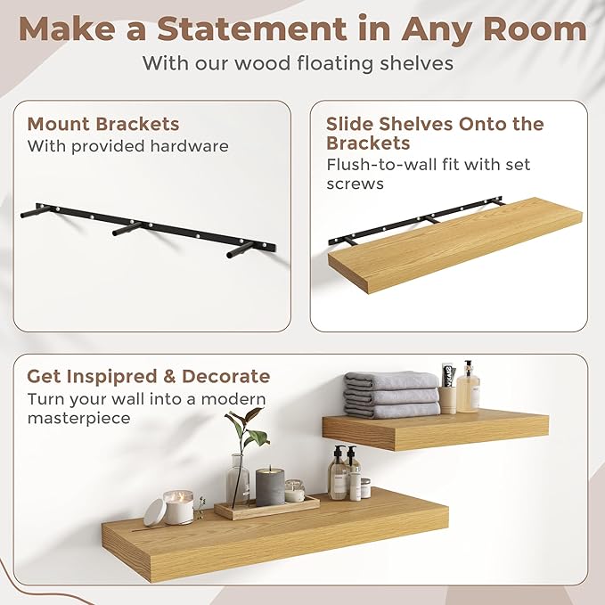 55 Inch Long Floating Shelves for Wall Set of 2, 12"D Wood Grain Bathroom Shelves with Invisible Brackets, Easy Install Engineered Wood Storage Shelves for Kitchen, Living Room, Bedroom, Oak Finish