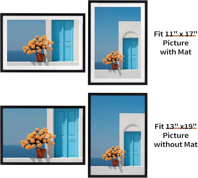 Rempry 13x19 Picture Frame, Display Pictures 11x17 with Mat or 13x19 Without Mat, Wall Hanging or Tabletop Photo Frame, Black Poster Frame, 1 Pack