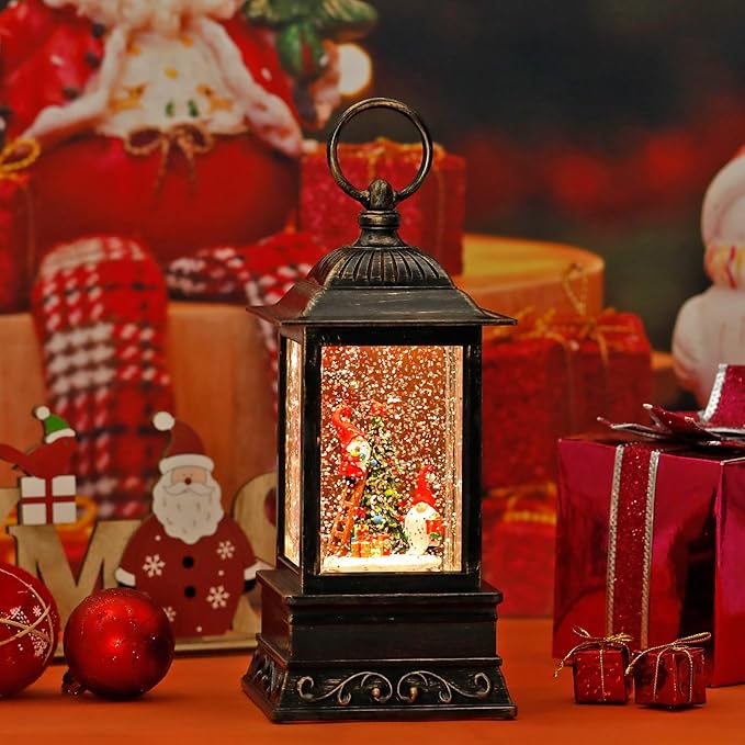 Christmas Snow Globe Decorations, Musical Glitter Red Gnome Lantern with 6H Timer, USB/Battery Powered Lighted Décor for Home, Tabletop, Gift Box