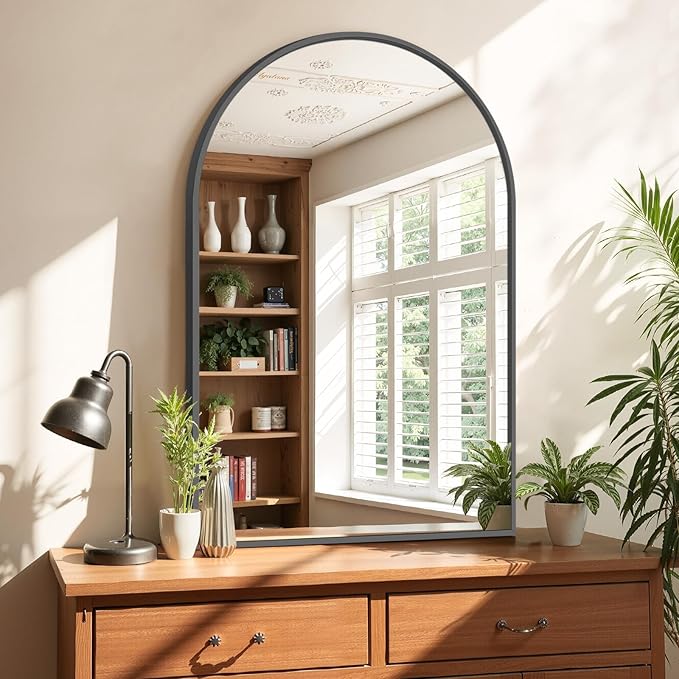 Bathroom Mirror for Wall, 36x24 Inch Arched Mirror, Matte Black Metal Framed Bathroom Vanity Mirror for Restroom Farmhouse, Anti-Rust, Tempered Glass, Hanging or Leaning