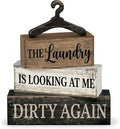 Moucuny 4 Pcs Farmhouse Laundry Room Decor and Accessories Stacked Blocks The Laundry Is Looking at Me Dirty Again Wooden Signs with Vintage Hanger - Rustic Farmhouse Sign for Home Bathroom Shelf Gift