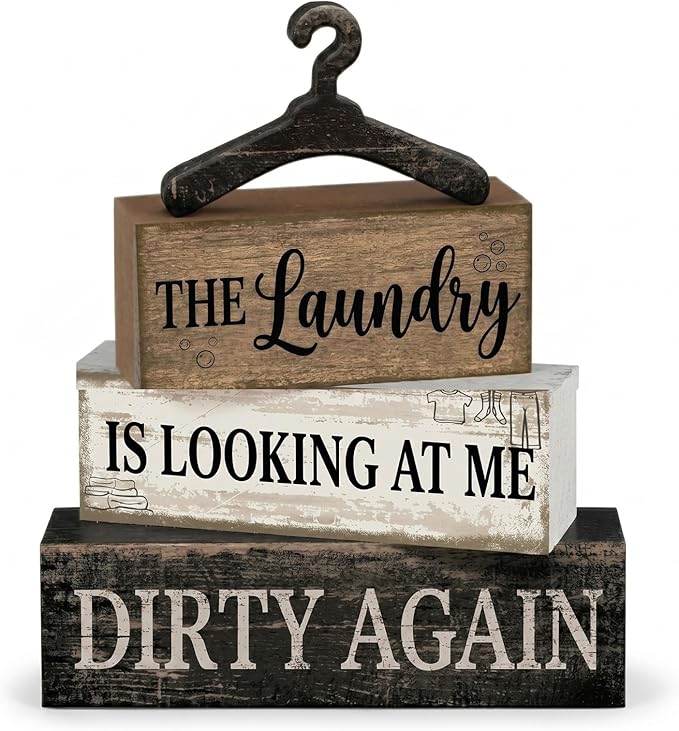 Moucuny 4 Pcs Farmhouse Laundry Room Decor and Accessories Stacked Blocks The Laundry Is Looking at Me Dirty Again Wooden Signs with Vintage Hanger - Rustic Farmhouse Sign for Home Bathroom Shelf Gift