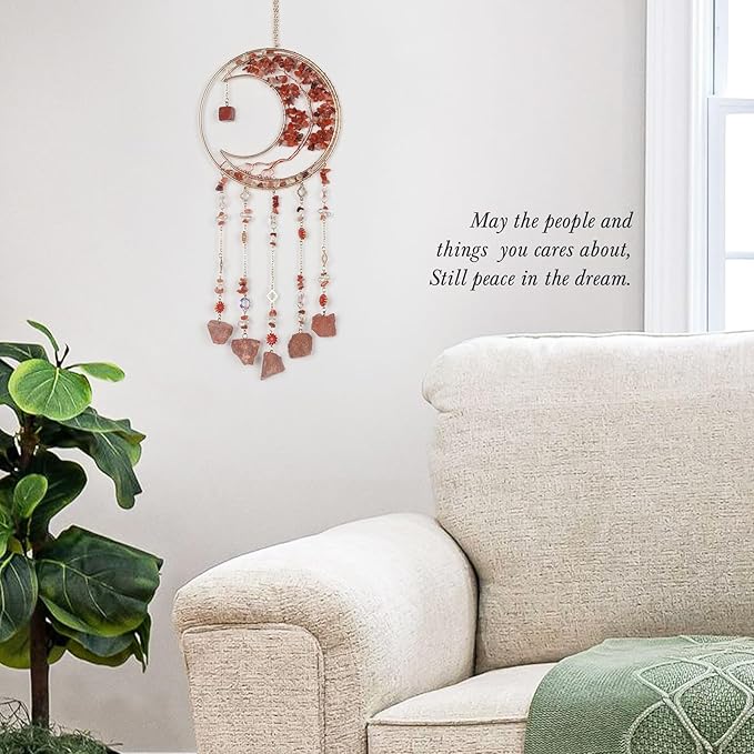 Red Gemstone Dream Catcher 7 Chakras Tree of Life Moon Dream Catchers with Healing Crystal Stones Handmade Suncatcher Dreamcatcher Wall Decor for Adults Living Room,Bedroom,Garden,Bless Gift