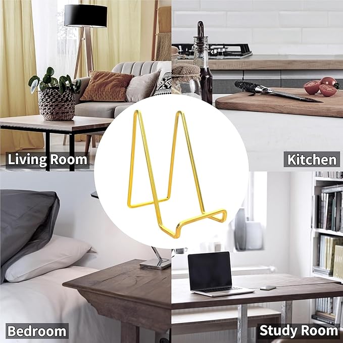 3 Pack 8 inch Metal Plate Stands for Display, Plate Holder Pictures Frame Easel Display Stand, Tabletop Picture Stand, Iron Easels for Display Photo Frames, Plates, Vinyl Record，Book, Sign（Gold）