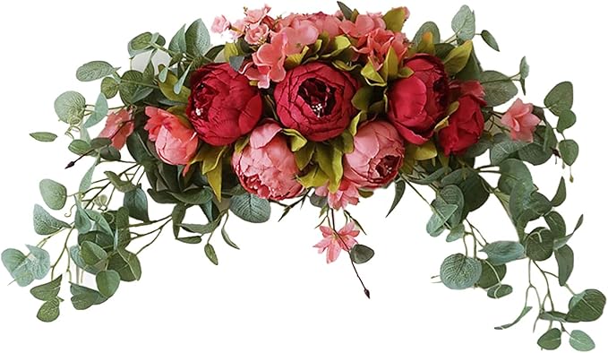 30 Inch Artificial Flower Swag, Wedding Artificial Peony with Green Leaves Swag, Handmade Flowers Backdrop Table Runner Centerpiece Garland for Arch Front Door Wall Home Hanging Wreath Decor(Red)