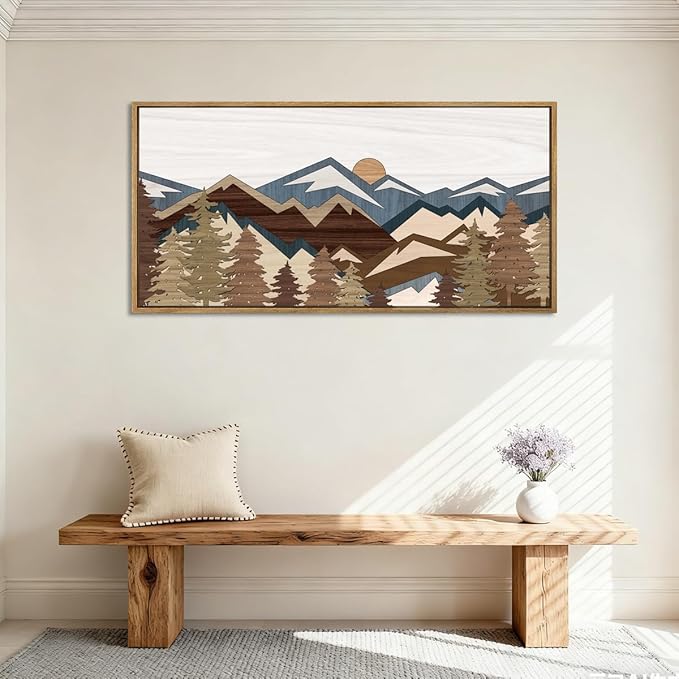 BINCUE Large Mountain Wall Art Framed Boho Wall Decor Mountain Artwork Landscape Wall Pictures Rustic Mountains Paintings Boho Landscape Art Prints Rustic Farmhouse Decor for Office Living Room Bedroom 20x40 Inches