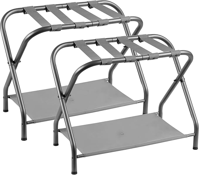 Heybly Luggage Rack for Guest Room, Pack of 2, Steel Folding Suitcase Stand with Storage Shelf for Bedroom, Hotel, Foldable Steel Frame, Guest Room, 26.2" L x 14.4" W x 20.5" H, Gray HLR004G2