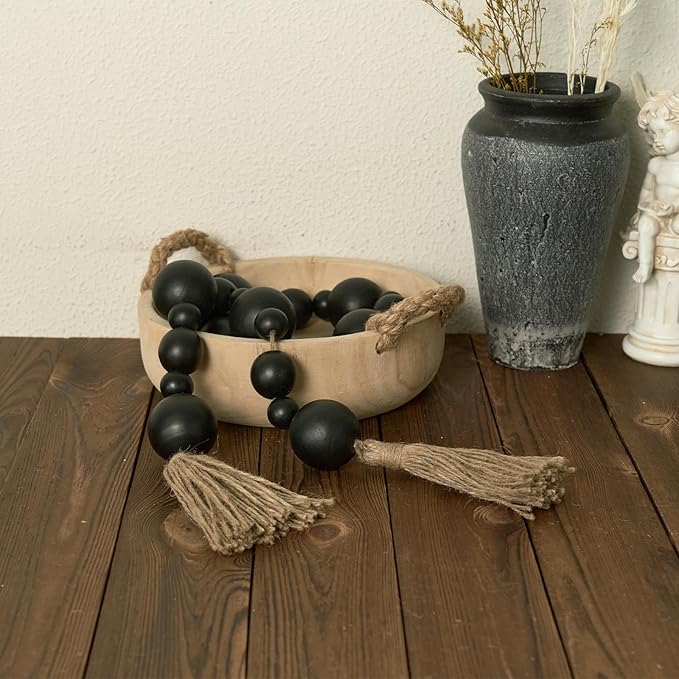 2" Extra Large Wood Bead Garland with Tassels, 50" Long Rustic Farmhouse Wooden Beads Garland, Decorative Beads Boho Decorations for Home Table Mantle Black