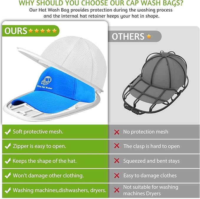Eiito Hat Washer Cage, Hat Washer for Baseball Caps for Washing Machine or Dishwasher, Ball Cap Washers Frame for Flat and Curved Hats, Hats cage, Fit for Adult and Kid's, 1 Pack White