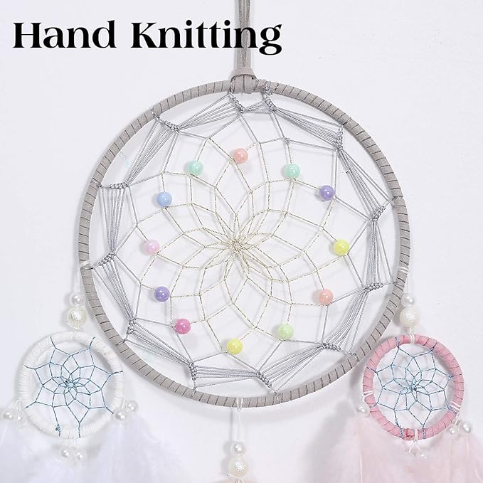 Dream Catcher for Girl Pink, Handmade Romantic Unique Dreamcatcher Beads and Feathers Wall Hanging Ornament Gift for Bedroom