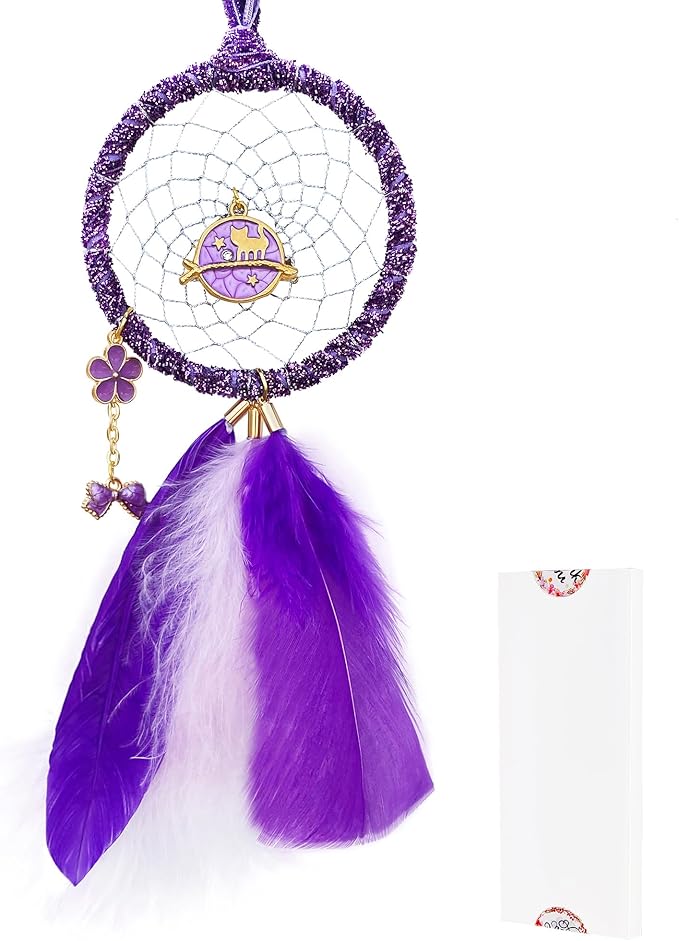 Mini Dream Catchers - Cute Kitten with Turkey Feather, Pastel Purple Flannel, Handmade Small Dreamcatcher for Bedroom, A Dream Catcher for Girls, Dream Catchers for Boys, Dream Catcher Wall Decor