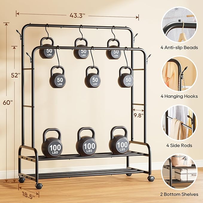 TigerParty Double Rods Clothes Rack for Hanging Clothes, Rolling Clothing Rack with Wheels, Freestanding Garment Racks with 2 Shelves for Bedroom Laundry Living Room