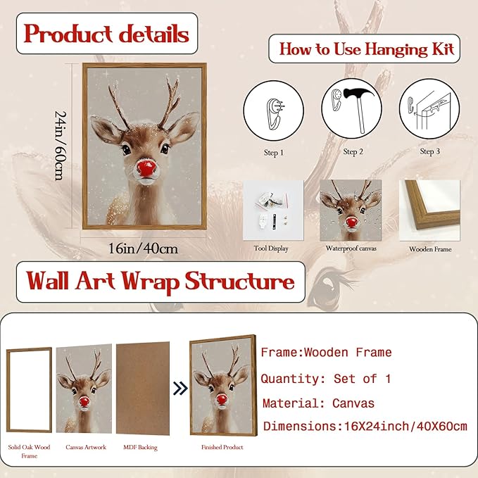 Framed Christmas Wall Art, Vintage Red Nose Reindeer Canvas Wall Decor Paintings, Rustic Winter Cute Deer Pictures Prints Farmhouse Home Decoration for Living Room Bedroom 16×24 inch