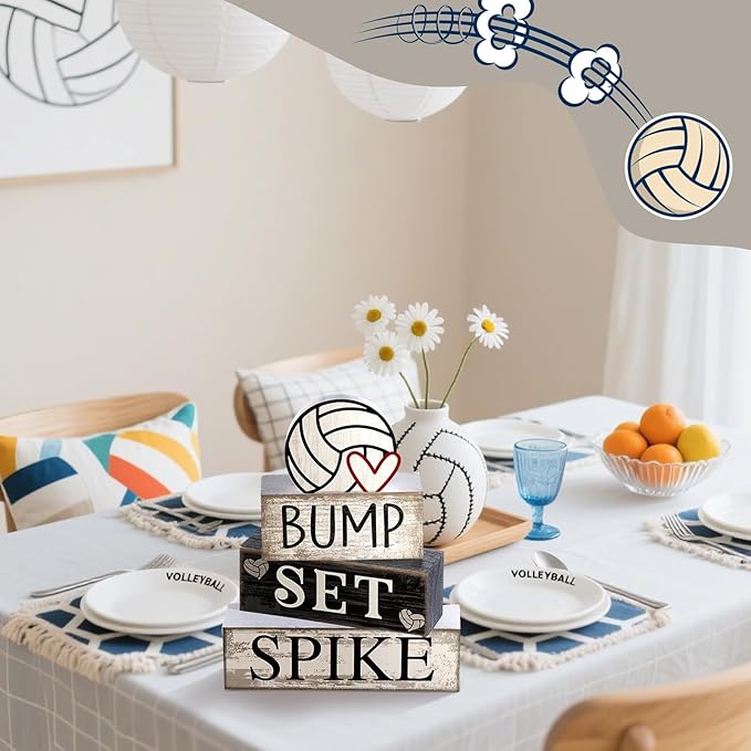 Yuntau 4 Pcs Volleyball Centerpieces for Table Volleyballs Tiered Tray Decorations Wooden Bump Set Spike Farmhouse Decorative Faux Book Stack Block Sign for Room Shelf Coffee Table Fireplace Mantel