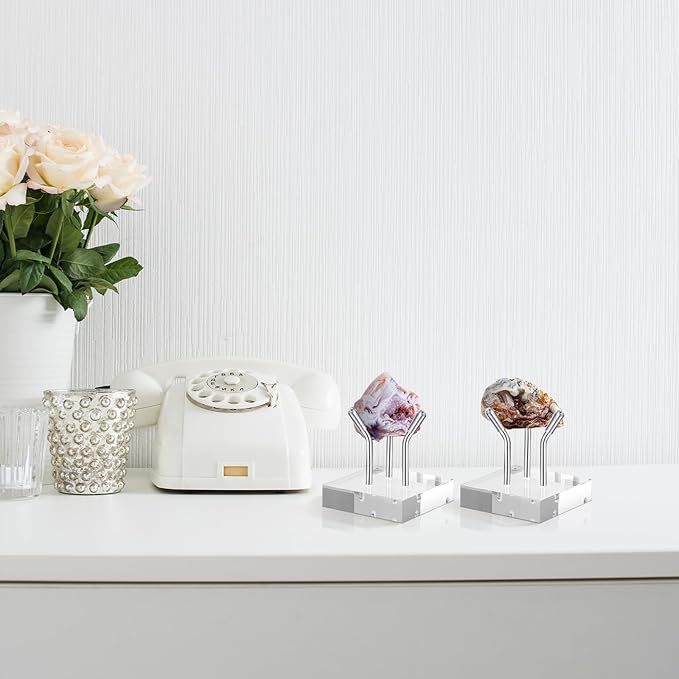 Weysat 4 Pack Clear Acrylic Display Stand, Metal 3 Peg Rock Display Easel Stands for Fossil Coral Crystal Geodes Rock Mineral Agate Small Collectibles Acrylic Holder (2.4”x2.4”x2.4”,Silver)