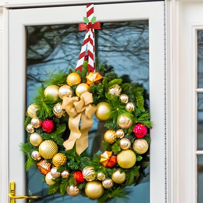 2 Pack Wreath Hangers for Front Door,Christmas Decoration Metal Over The Door Wreath Hanger Ornament,Candy Cane Wreath Hanger