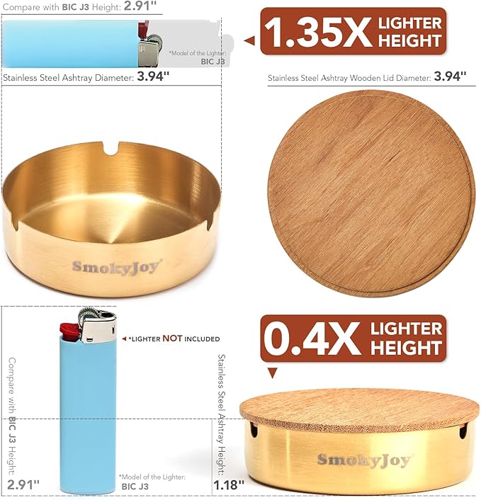 Ashtray with Lid for Outside Patio, 2 Pack Windproof Ash Tray, Gold Stainless Steel Smokeless Ashtray for Outdoor Home Office Tabletop Patio Outdoor Balcony, Meidium