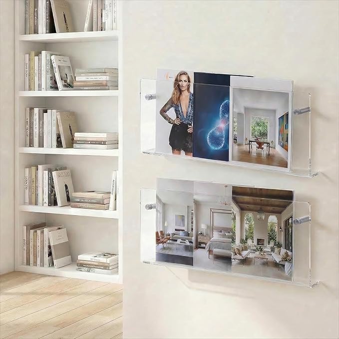 2 Packs Acrylic Magazine Holder Wall Mount Acrylic Display Vinyl Records Holder, Clear Bookshelves Wall Decor Hanging Magazine Holders for Waiting Room, Living Room