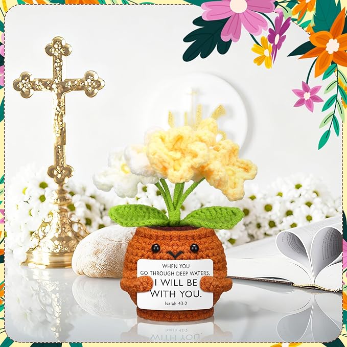 Wavwavw 6 Pcs Christian Gift for Women Inspirational Religious Gifts Positive Faith Scripture Crochet Handmade Bible Verse Crochet Doll with Prayer Card for Vbs Church(Forget Me Not)