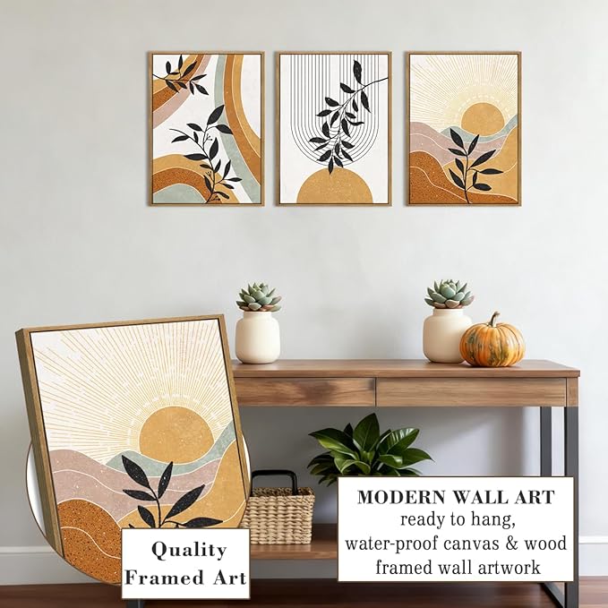 BINCUE Boho Line Wall Art Abstract Plants Wall Decor Mid Century Modern Artwork Framed Boho Abstract Paintings Orange Abstract Wall Pictures Orange Art Prints for Living Room Bedroom Office Farmhouse 12"x16" Set of 3