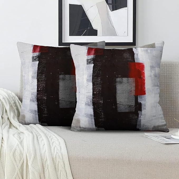 Red and Grey Abstract Art Artwork Pillow Cover, Gallery Modern Decorative Throw Pillows Cushion Cover for Bedroom Sofa Living Room 24 x 24 Inch Set of 2
