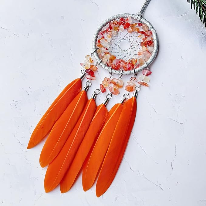 Mini Dream Catcher for Car Orange, Car Charms for Rear View Mirror Small Dream Catchers for Adults Crystal Home Wall Decor