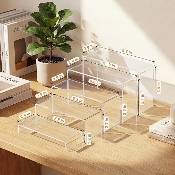FUNFERY Acrylic Display Risers, 2 Set(7.8" L~8.2" L~8.6" L~9”L~9.3”L) Display Shelf for Figure, Collectibles, Cupcake, 5-Tier Clear Acrylic Stands for Dessert, Jewelry, Candy Showcase