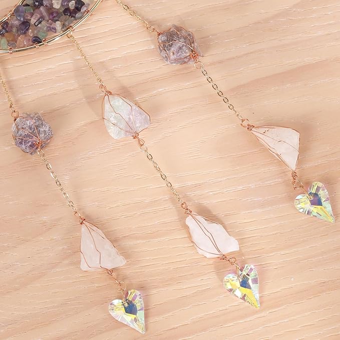 Mini Cobblestone Color Crescent Moon Crystals Sun Catcher Dream Catchers Gemstone Suncatcher with Heart Ornament Handmade Dreamcatcher Wall Decor for Adults Girls Bedroom Wedding Garden Bless Gift
