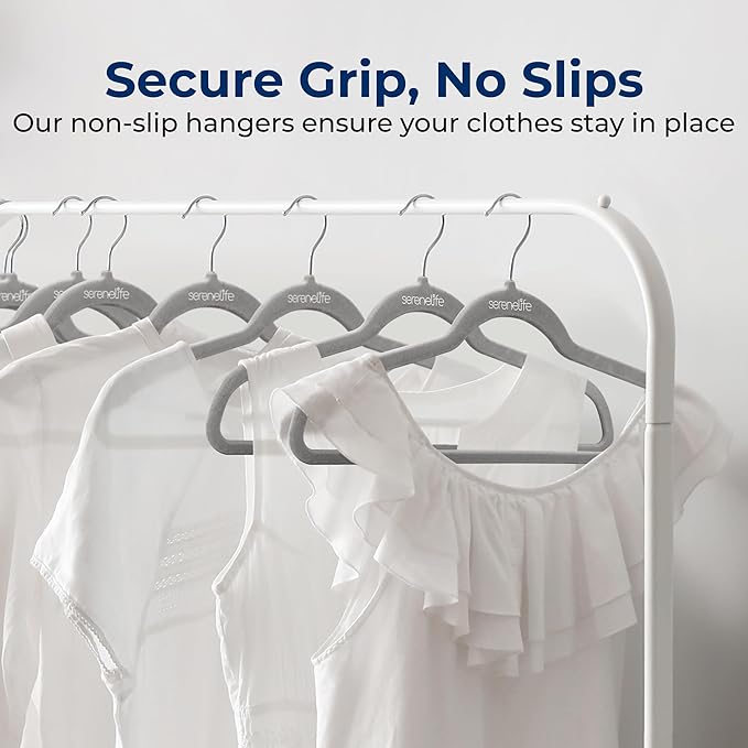 SereneLife 200-Pack Velvet Hangers – Space-Saving Non-Slip Gray Clothes Hangers with 360° Swivel Hooks, Heavy Duty Ultra-Thin Design for Coats, Shirts, Dresses & More – Durable & Lightweight