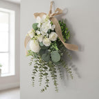 Gcroet Teardrop Wreath - White Artificial Floral Swag Eucalyptus and Chrysanthemum Hanging Decor for Wedding, Holiday, and Farmhouse Wall...