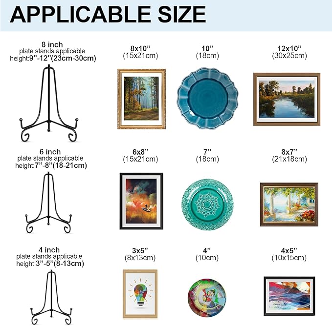 vivinin 6 Pack Plate Stands For Display (4 Inch, 6 Inch, 8 Inch), Plate Holder 3 Size Picture Frame Stand of Metal, Frame Holder Stand and Artworks for Book, Tabletop Art, Picture, Photo and Platter