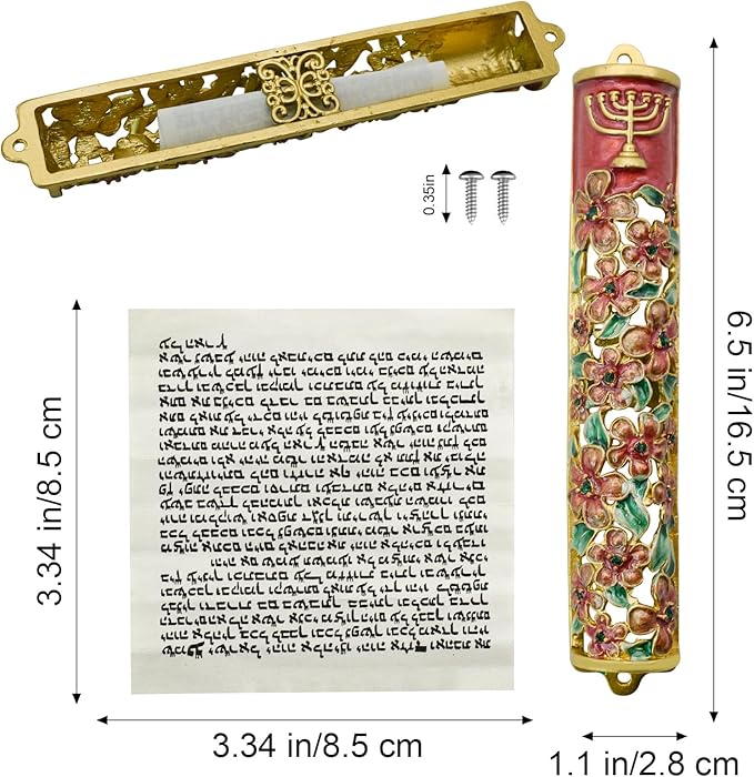 Mezuzah with Scroll for Door, Enamel&Zinc Alloy Blessing Mezuzah Case for Door, Colored Painted Mezuzha Scroll Kosher for Jewish Gifts/Jewish Decor, Christmas (Red and Gold, 1.1x6.49 in)