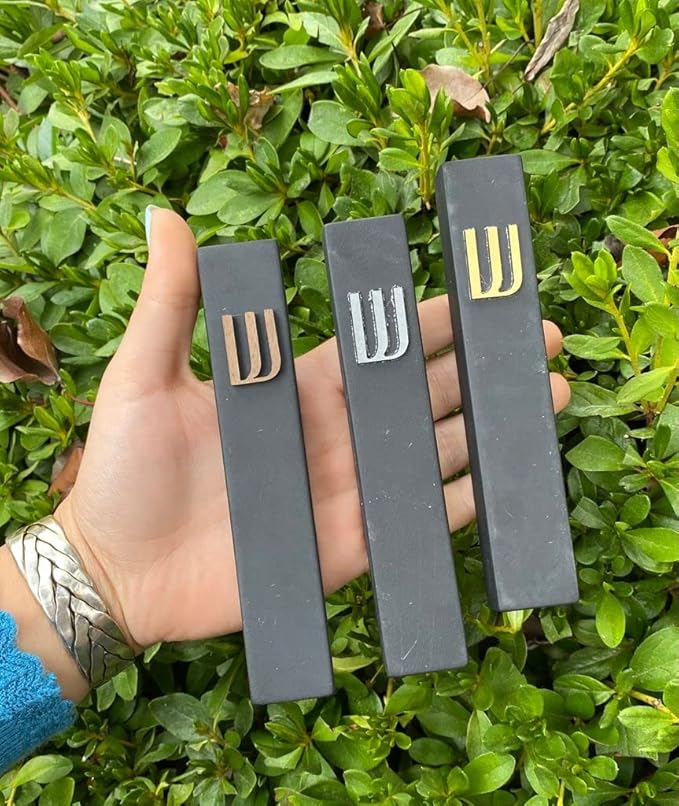 A&S Mezuzot Modern Concrete Mezuzah Case with Scroll, Easy Peel and Stick Mezuza (Black+ Silver Shin, 7 Inches)