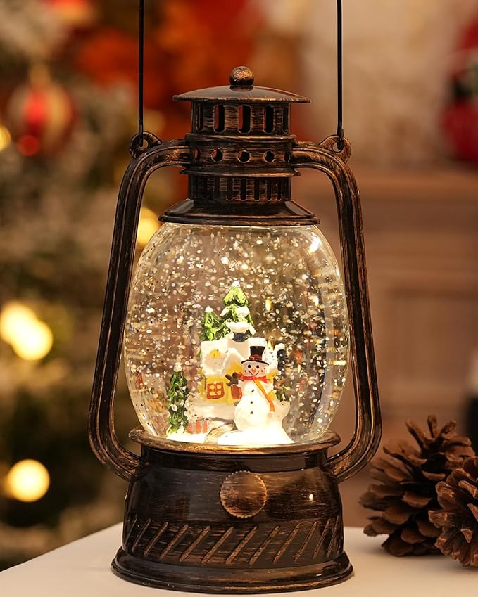 Christmas Decorations Snowman Snow Globes Musical Light Up 6H Time Glitter Globe Village Christmas Snow Globes Snowman Decor Gifts