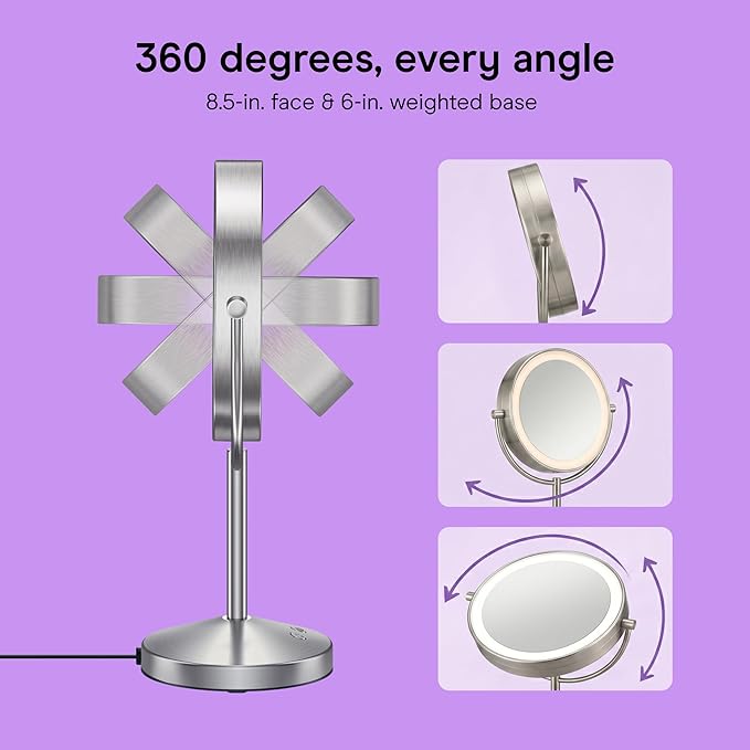 Conair Lighted Makeup Mirror, Double-Sided Vanity Mirror with 1X/10X Magnification, 3 Color Modes and 360 Rotation, Satin Nickel, BE401X2