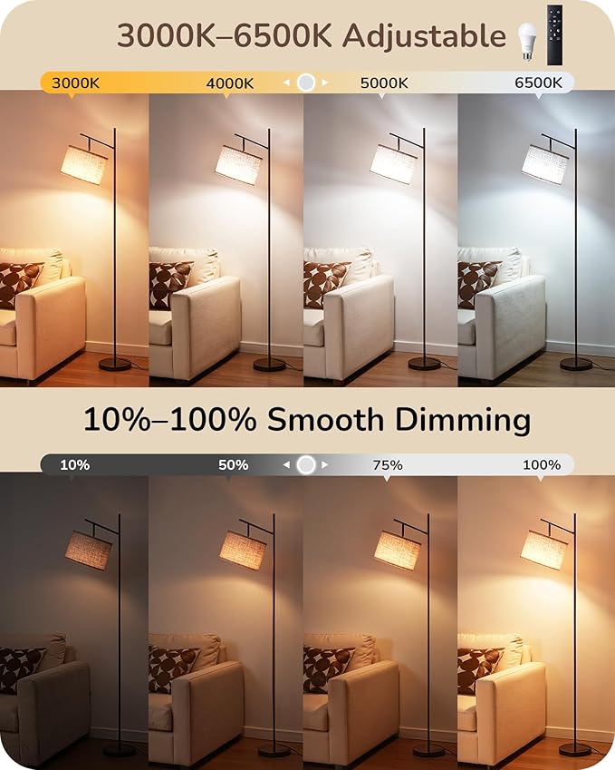 EDISHINE 64.7IN Minimalist Arc Floor Lamp with Remote & Foot Pedal Switch, 5CCT, Dimmable, Modern Floor Lamp for Living Room, Bedroom, Bulb Included, Brown
