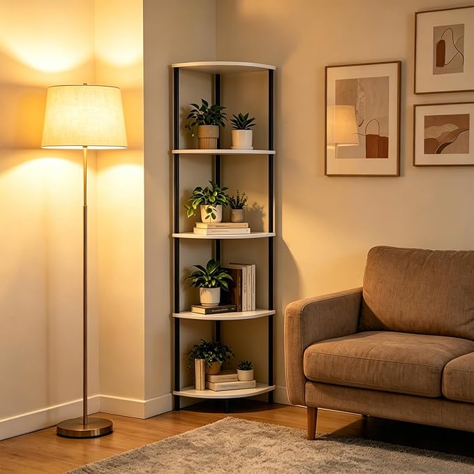 5-Tier Corner Shelf Stand,Tall Narrow Bookshelf for Small Spaces,Rustic Wood & Metal Storage Shelf,Display Plant Stand with Anti-Tip Straps for Bedroom,Living Room,Bathroom,White