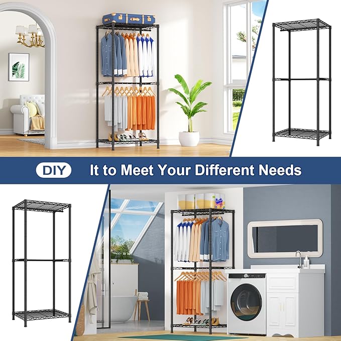 Ulif E12 Clothes Rack，Heavy Duty Freestanding Garment Rack with Shelves，Metal Clothing Closet Storage System for Hanging Clothes，57.1" W x 16" D x 76.5" H, Hold 860 lbs，Black
