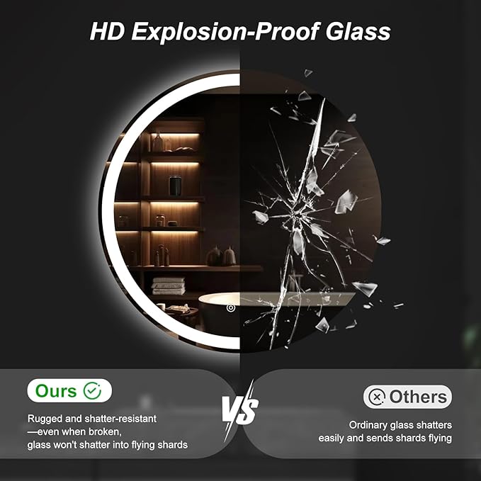 DUMOS 36 Inch Round LED Bathroom Mirror with Lights, Circle Vanity Mirror with Anti-Fog, Dimmable, 3-Color Light, Front Light and Backlit, Memory Function, Tempered Glass